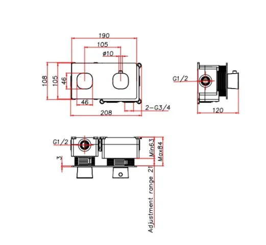 Ava Purity 2 Way 2 Handle Thermostatic Valve W/ Backplate - Brushed Black technical drawing - Image 2