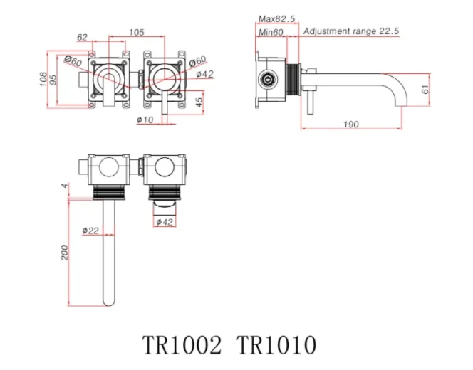 Ava Trend 2 Hole Wall Mounted Basin Mixer W/ Flanges - Brushed Brass technical drawing - Image 2