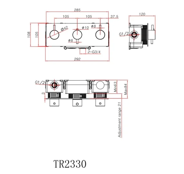 Ava Trend 4 Way 3 Handle Thermostat Valve W/backplate - Brushed Stainless Steel technical drawing - Image 3