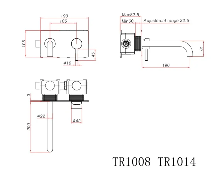 Ava Trend 2 Hole Wall Mounted Basin Mixer With Back Plate - Brushed Stainless Steel technical drawing - Image 2