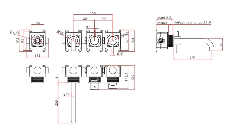 Ava Trend Thermostatic 4 Hole Wall Mounted Bath Shower Mixer - Brushed Brass technical drawing - Image 2