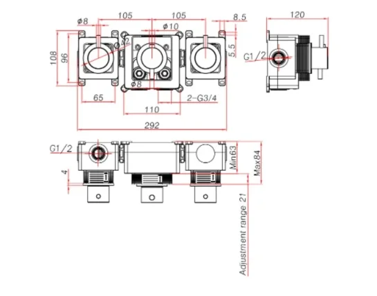 Ava Trend 3 Way 3 Handle Thermostatic Valve W/ Flanges - Brushed Stainless Steel technical drawing - Image 3