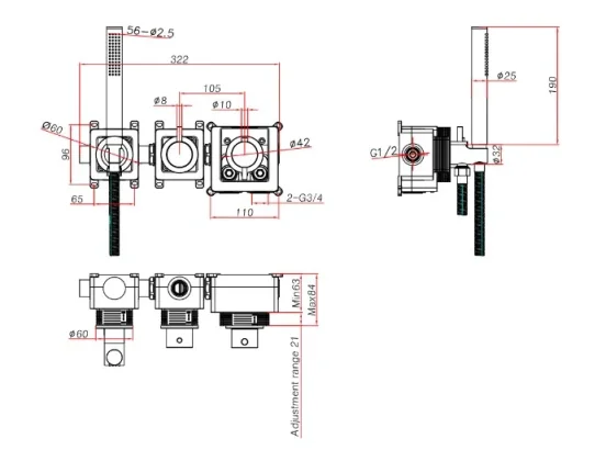 Ava Trend 2 Way 2 Handle Thermostatic Valve With Built In Hand Shower W/3 Hole Flanges - Brushed Brass technical drawing - Image 3