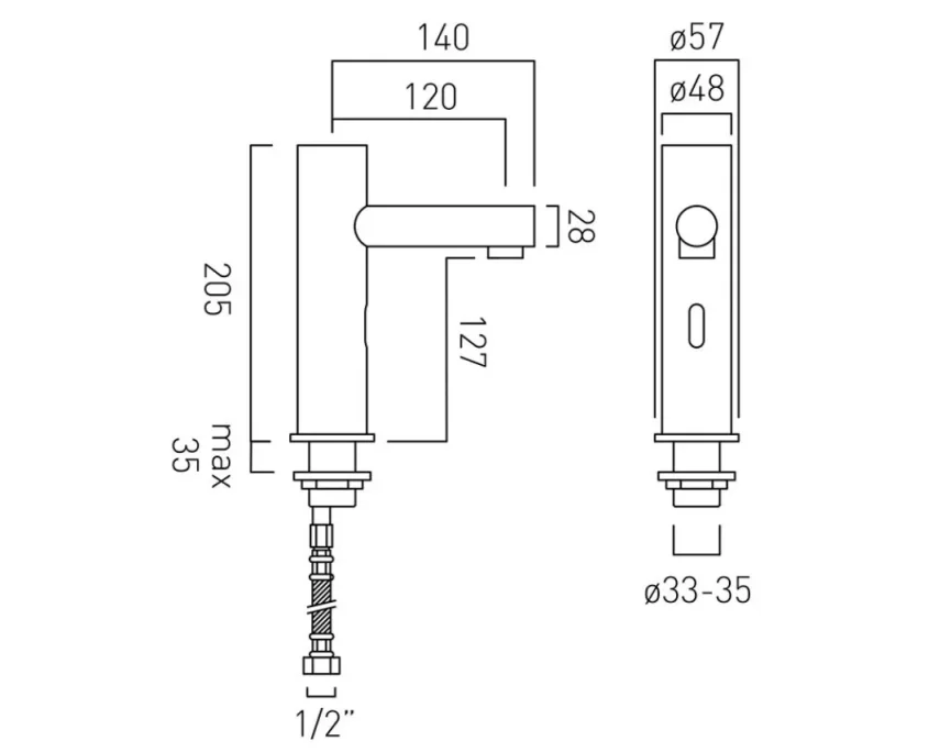Vado I-tech Zoo Infra-red Mono Basin Mixer Deck Mounted Mains Or Aa Battery Operated Chrome technical drawing - Image 2