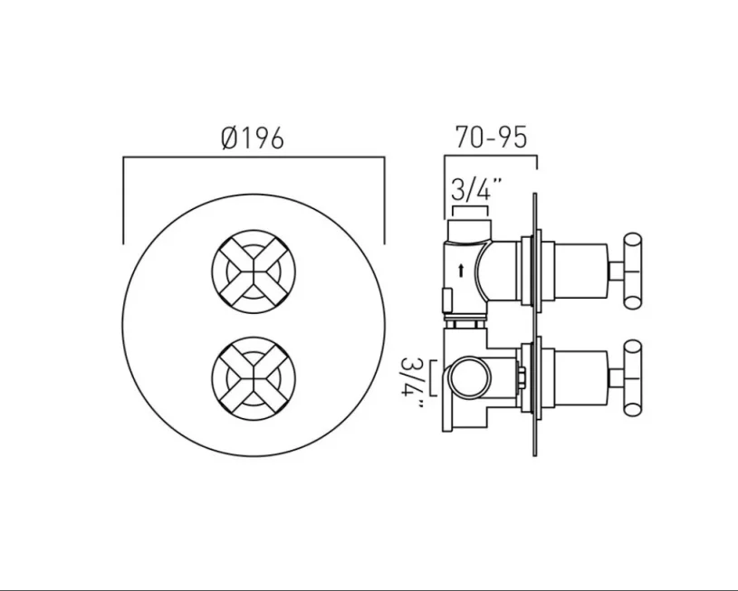 Vado Dx Elements 1 Outlet 2 Handle Concealed Thermostatic Valve Round Backplate Chrome technical drawing - Image 2