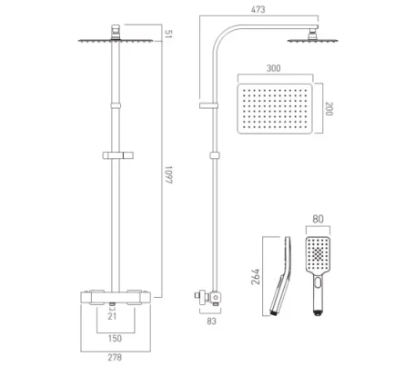Vado Phase Showering Column With Thermostatic Shower Valve, Rectangular Aquablade Shower Head And Nebula Square 3 Function Showering Handset Chrome technical drawing - Image 2