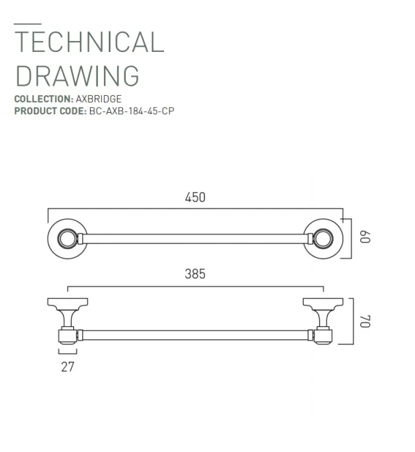 Booth & Co. 450mm Towel Rail Chrome & White technical drawing - Image 2