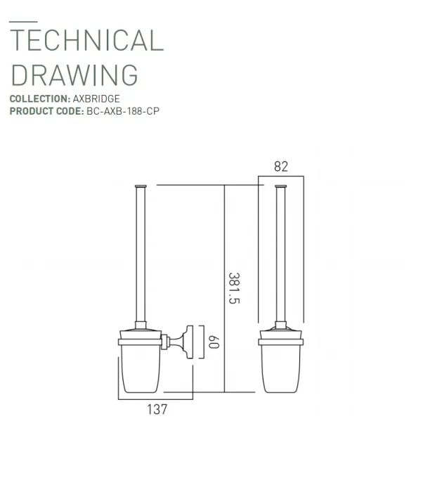 Booth & Co. Toilet Brush And Ceramic Holder Chrome & White technical drawing - Image 2