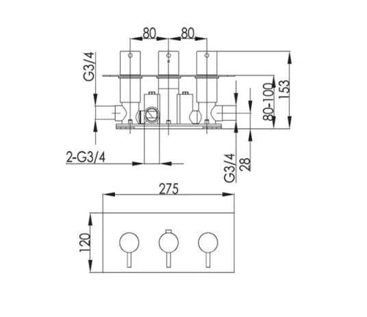 Just Taps Vos Thermostatic Concealed 2 Outlet Shower Valve Brushed Black technical drawing - Image 2