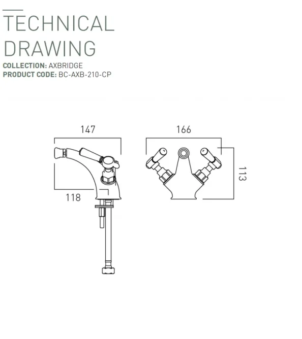 Booth & Co. Mono Bidet Mixer With Pop-up Waste Chrome & White technical drawing - Image 2