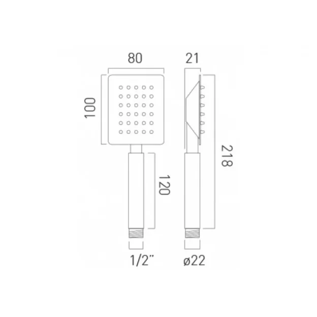 Vado Aquablade 80mm X 100mm Rectangular Single-function All Metal Rub-clean Shower Handset With Cool Touch Handle Chrome technical drawing - Image 2