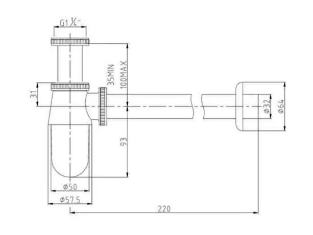 Just Taps Traditional Bottle Trap With 300mm Pipe Chrome technical drawing - Image 2