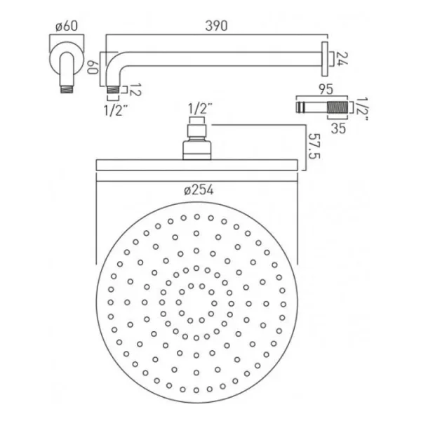 Vado Saturn 254mm (10") Round Shower Head With Arm Chrome technical drawing - Image 3