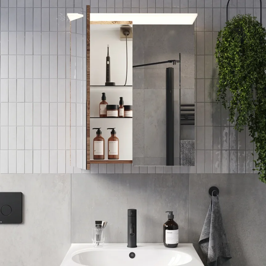 Saneux Austen 60cm 2 Door Electric Mirror Cabinet - English Oak detail view - Image 2