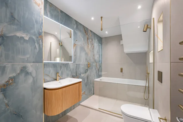 The Ocean Onyx & Fluted Oak Bathroom